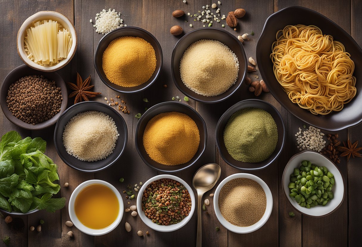 A variety of seasonings and spices are laid out on a wooden table next to colorful meal prep noodle bowls