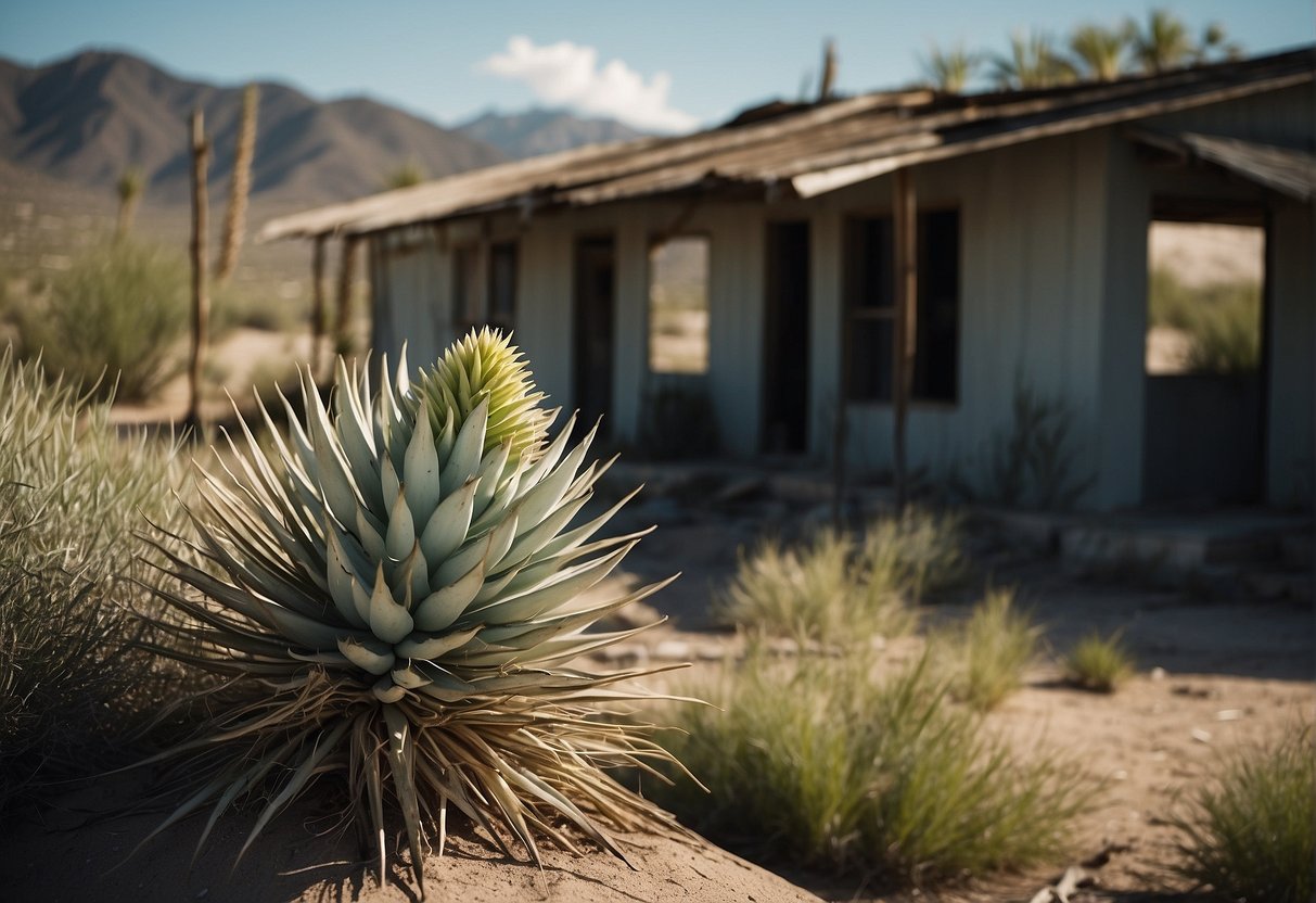 Yucca plants thrive near abandoned homes, intertwining with crumbling structures and reclaiming the land