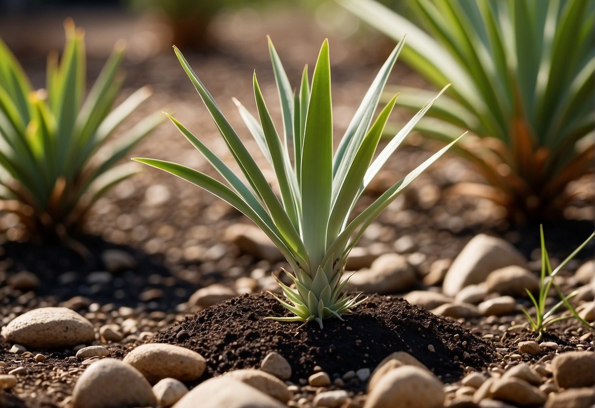 Water yucca plant at base, avoiding foliage. Place in well-draining soil and provide bright, indirect sunlight. Trim dead leaves with clean, sharp shears