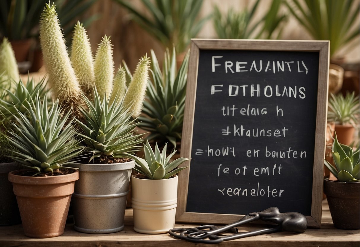A yucca plant surrounded by various gardening tools and a sign with "Frequently Asked Questions: how to treat yucca plants" displayed prominently