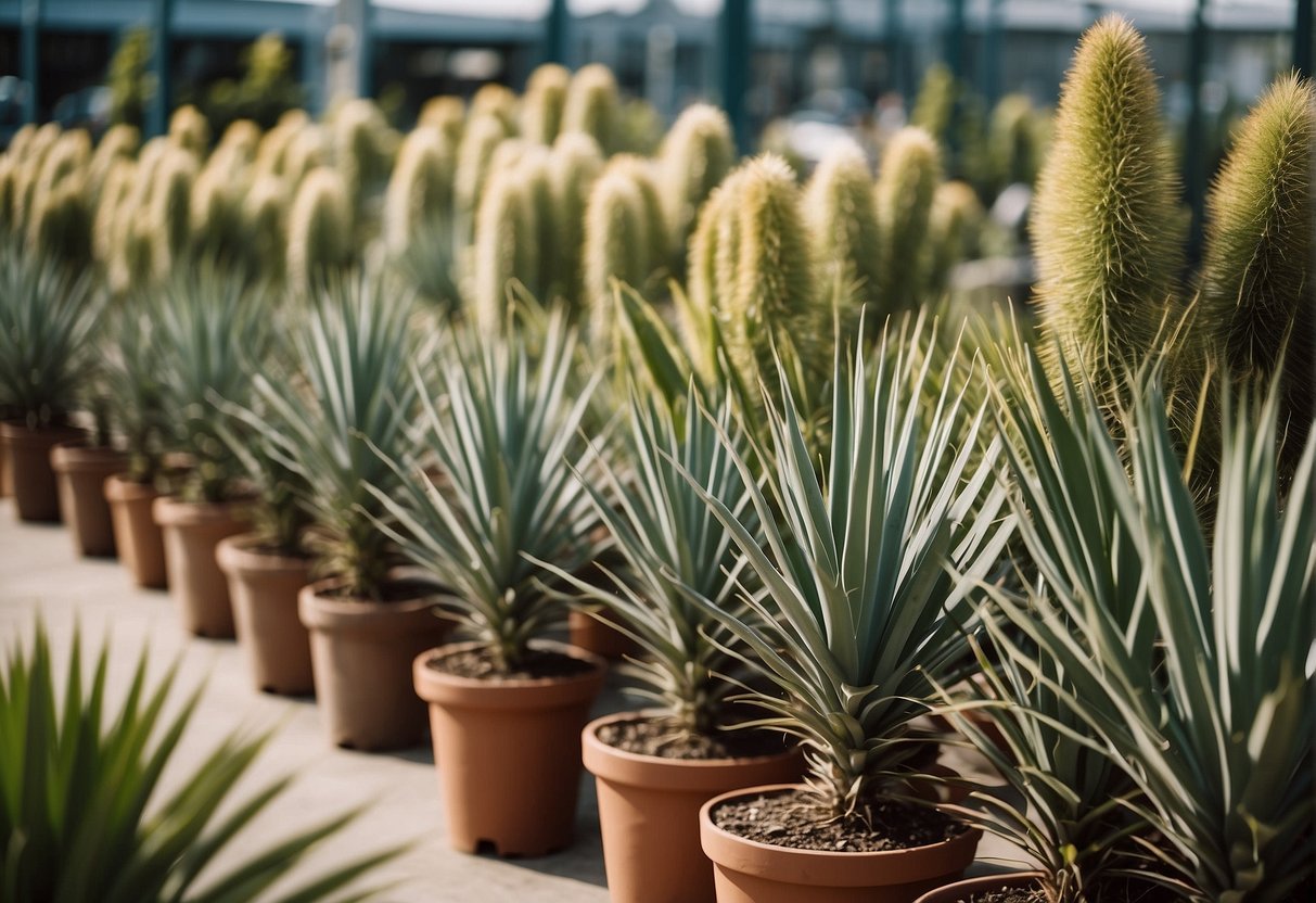 A garden center with rows of large yucca plants in pots
