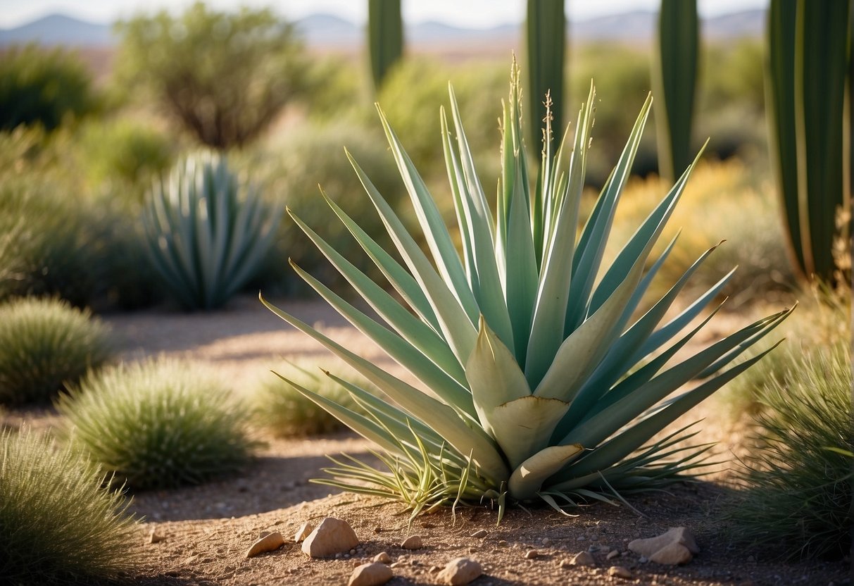 A large yucca plant stands tall in a sunny garden, surrounded by other desert plants. The vibrant green leaves and towering stalk create a striking focal point