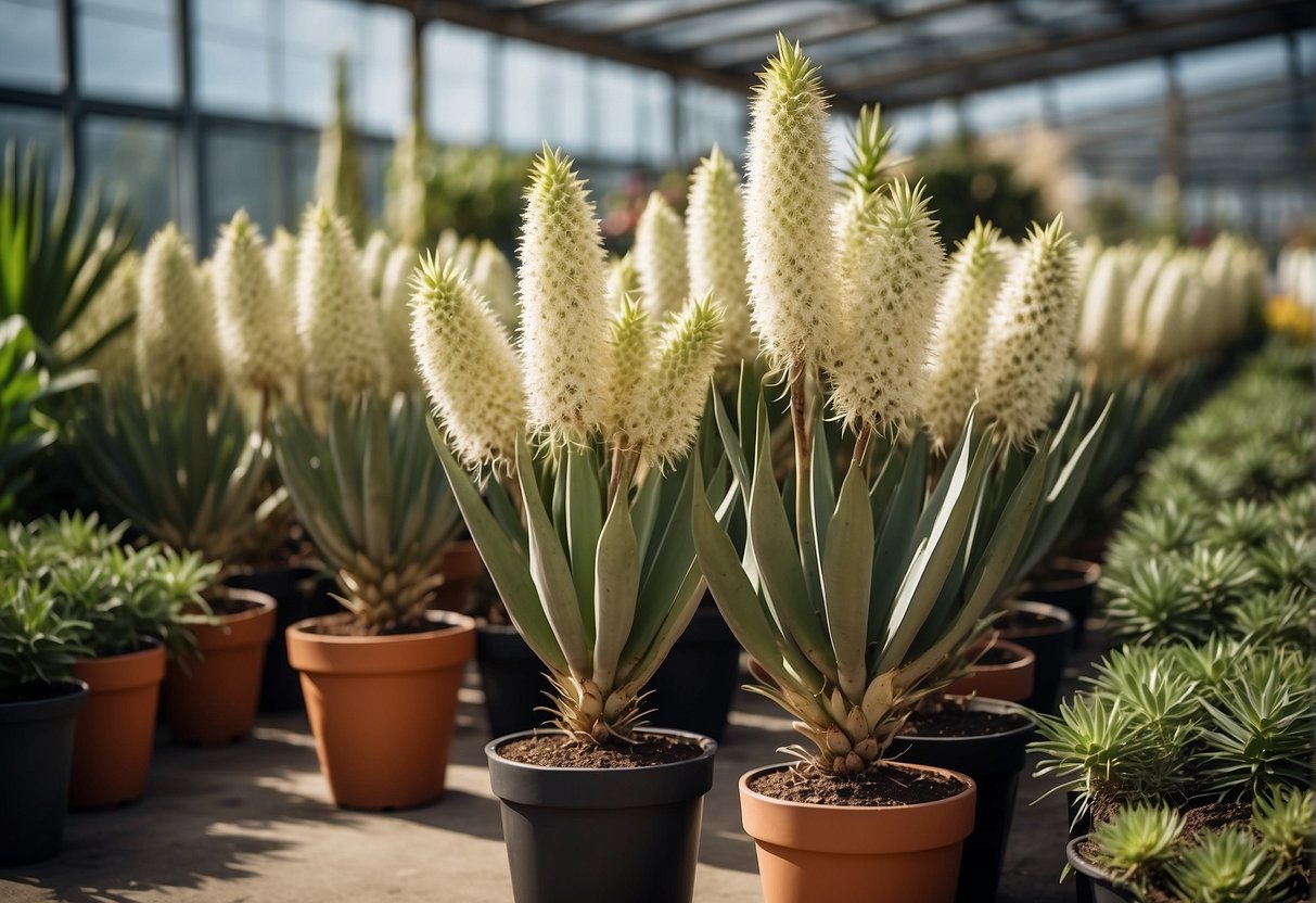 A garden center with rows of large yucca plants, neatly displayed with price tags and surrounded by other potted plants and gardening supplies