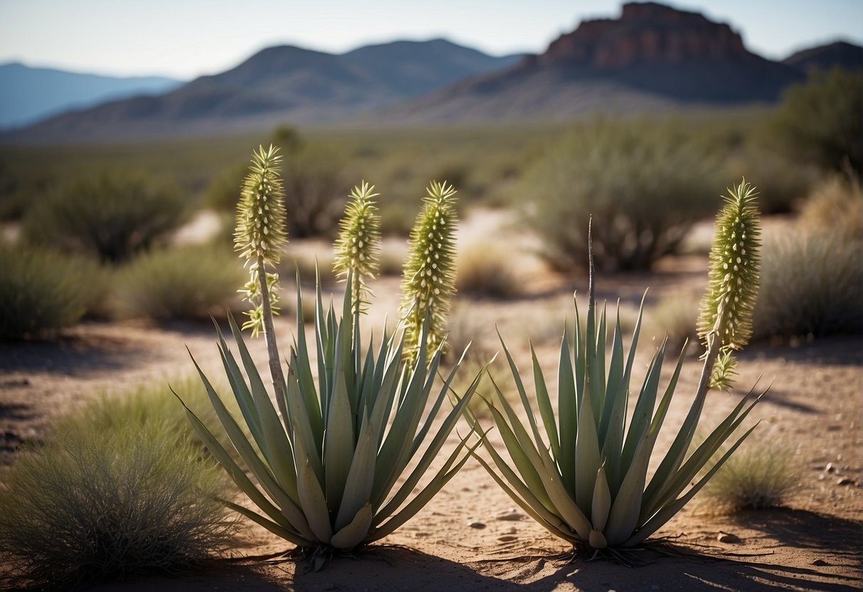Yucca plants grow in a dry desert landscape, surrounded by rocky terrain and sparse vegetation