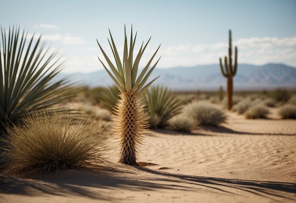 A desert landscape with sandy soil and sparse vegetation. A tall yucca plant with long, sword-shaped leaves stands out against the arid backdrop