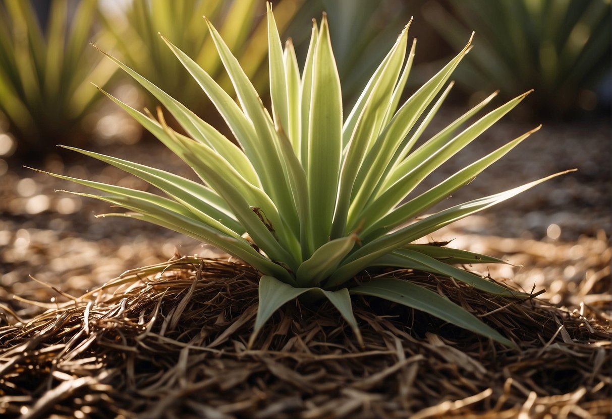 A yucca plant being smothered by a thick layer of mulch, with sunlight being blocked out
