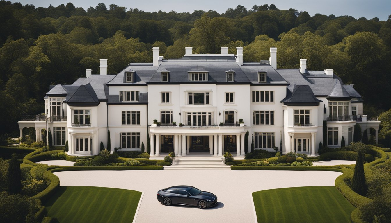 A luxurious mansion with a sprawling estate, expensive cars in the driveway, and a private helicopter landing pad