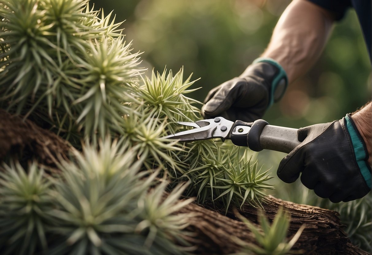 A gardener cuts yucca plant flower stalk with pruning shears
