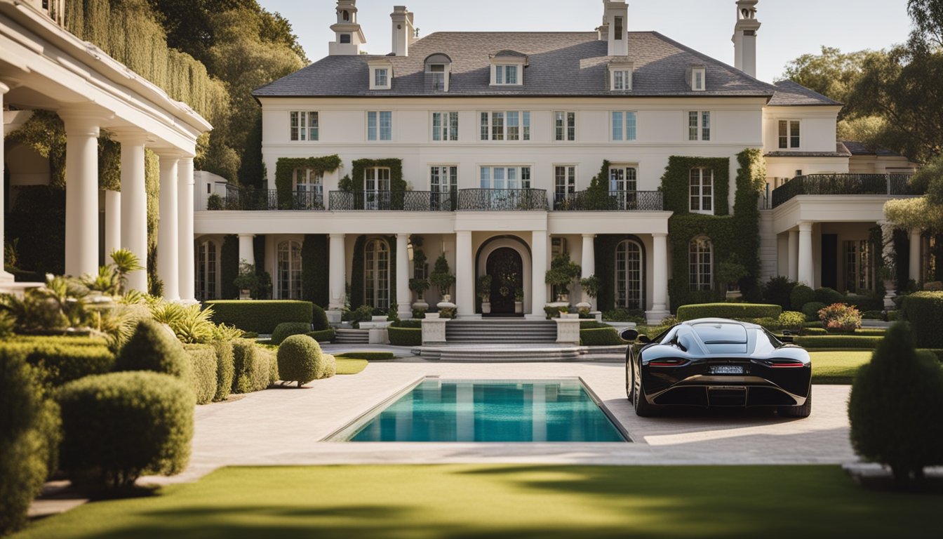 A luxurious mansion with a grand entrance and a fleet of expensive cars parked in the driveway, surrounded by lush gardens and a sparkling swimming pool