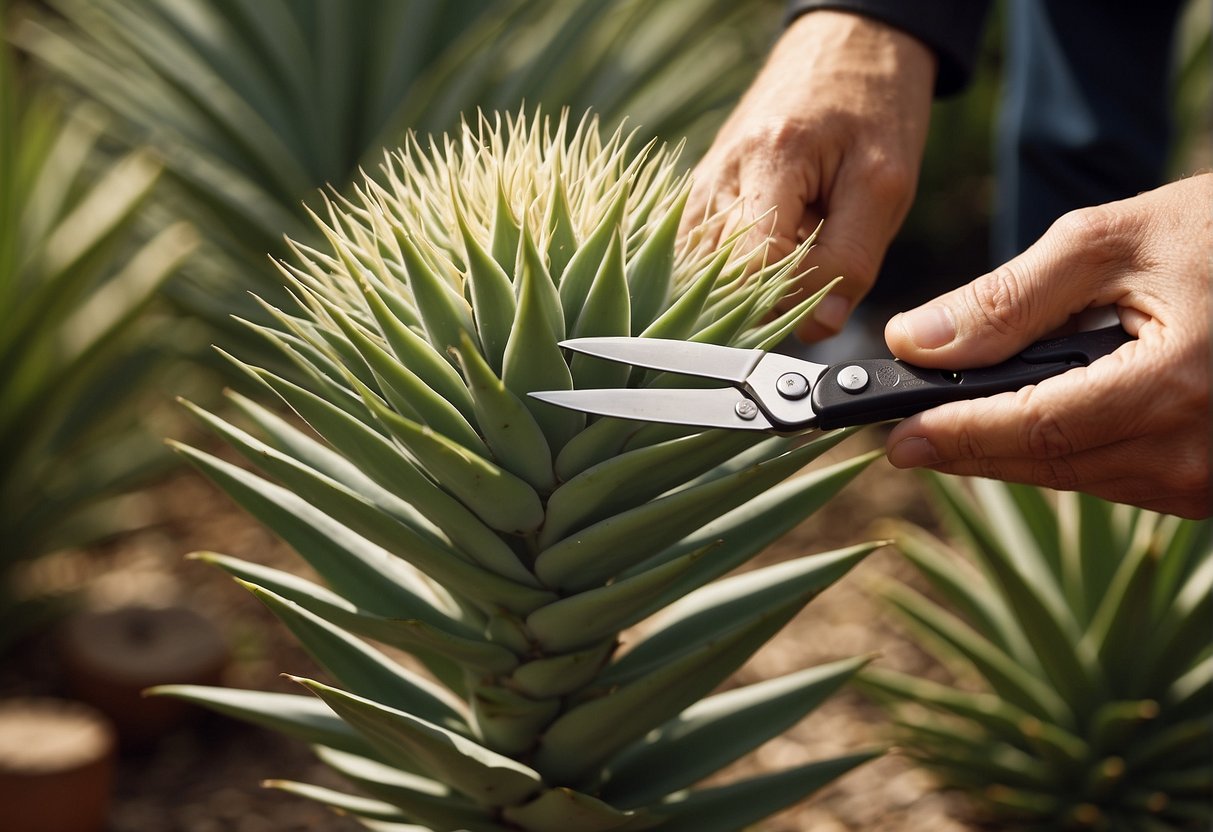A pair of clean gardening shears snipping off the flower stalk of a yucca plant at its base, with the cut being made at a slight angle to promote healing and prevent water accumulation
