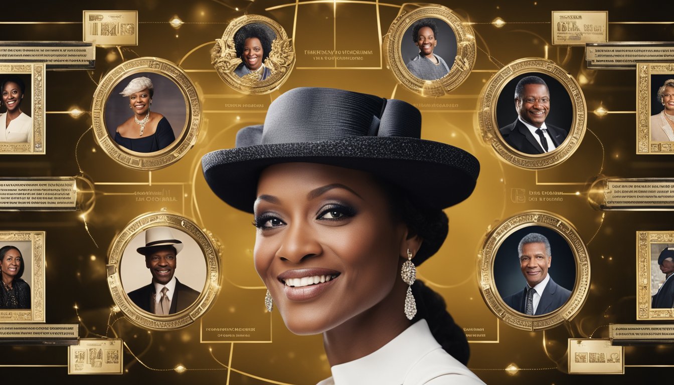 Theresa Randle's early life and career depicted through a timeline of significant events and achievements, surrounded by symbols of success and wealth