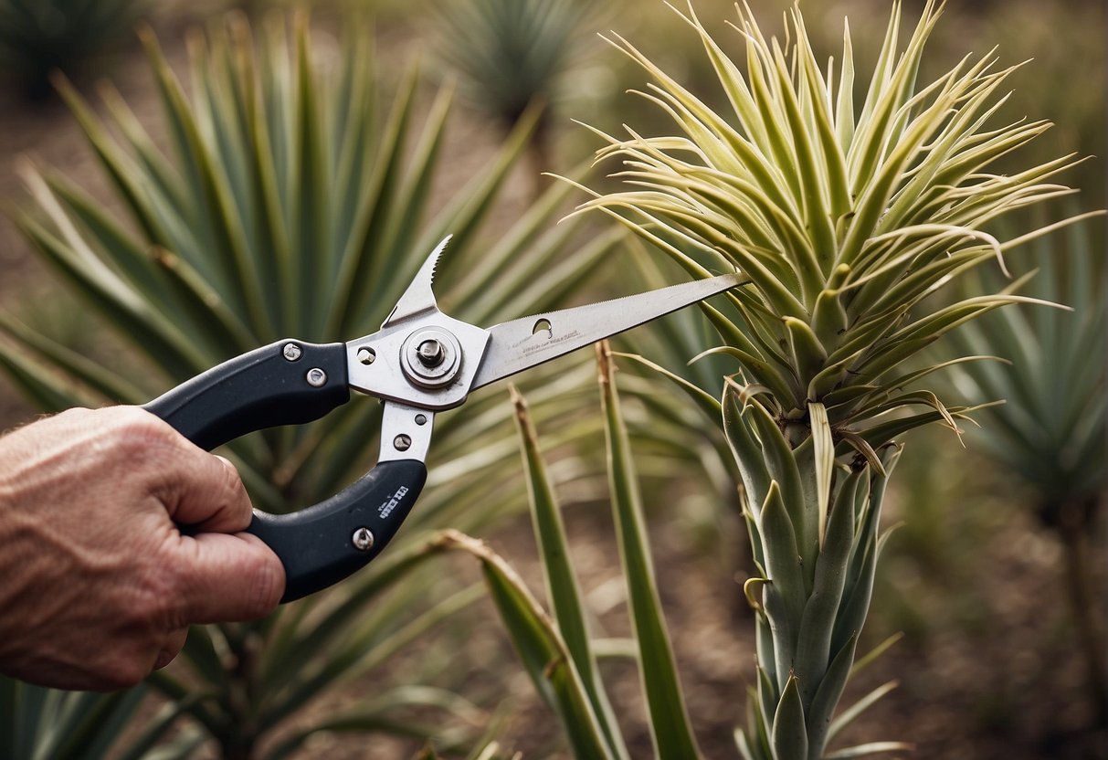 A pair of pruning shears snipping off the long flower stalk of a yucca plant, with the plant standing tall and the surrounding landscape in the background