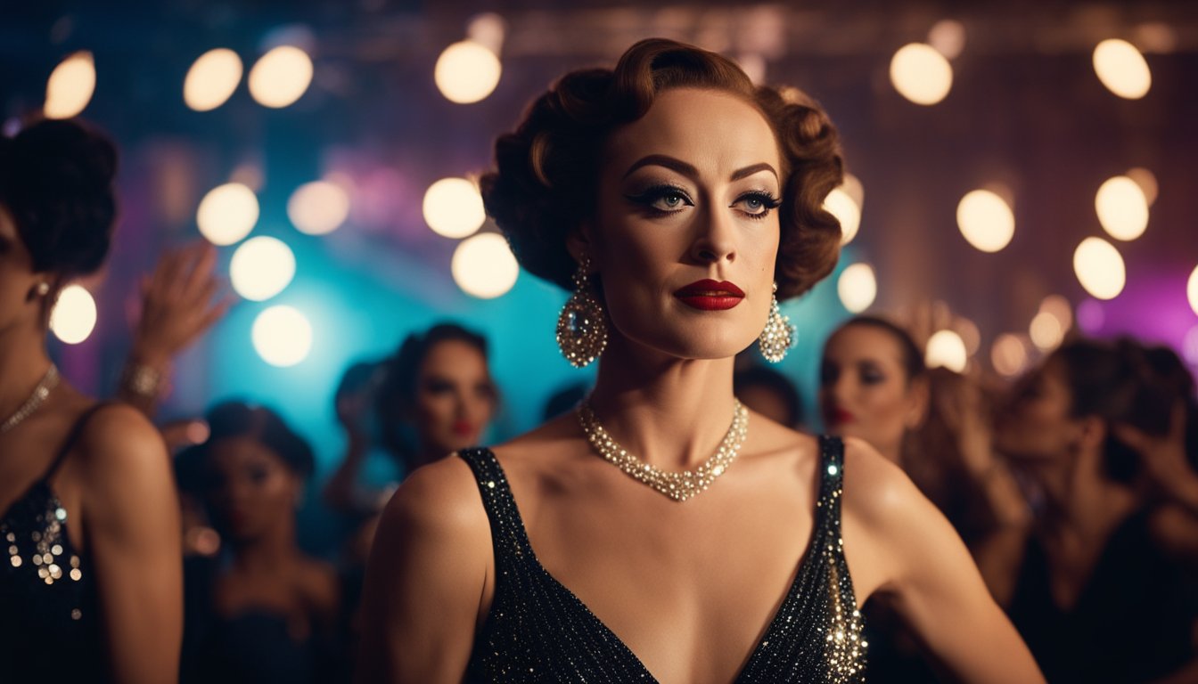 A young Joan Crawford works as a dancer in a dimly lit nightclub, surrounded by glamorous costumes and sparkling lights. Her determination and ambition are evident as she practices her routines, eager to make a name for herself in show business