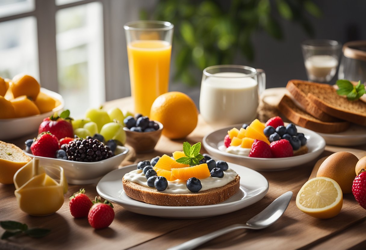 A table set with colorful fruits, whole grain toast, and yogurt. Sunlight streams in through a window, casting a warm glow on the nutritious spread