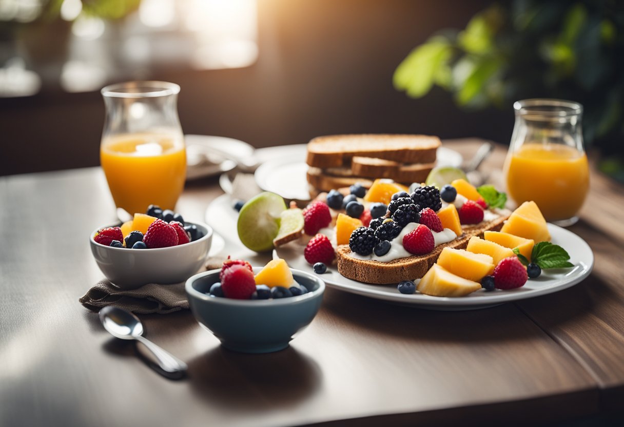 A table set with a colorful array of fresh fruits, whole grain toast, and yogurt parfait. A steaming cup of coffee completes the scene