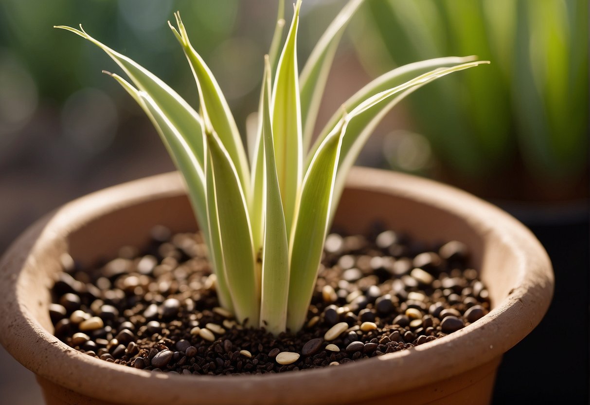 Yucca seeds sprout in a pot filled with well-draining soil. The seeds are covered lightly with soil and placed in a warm, sunny location. Water sparingly to avoid overwatering