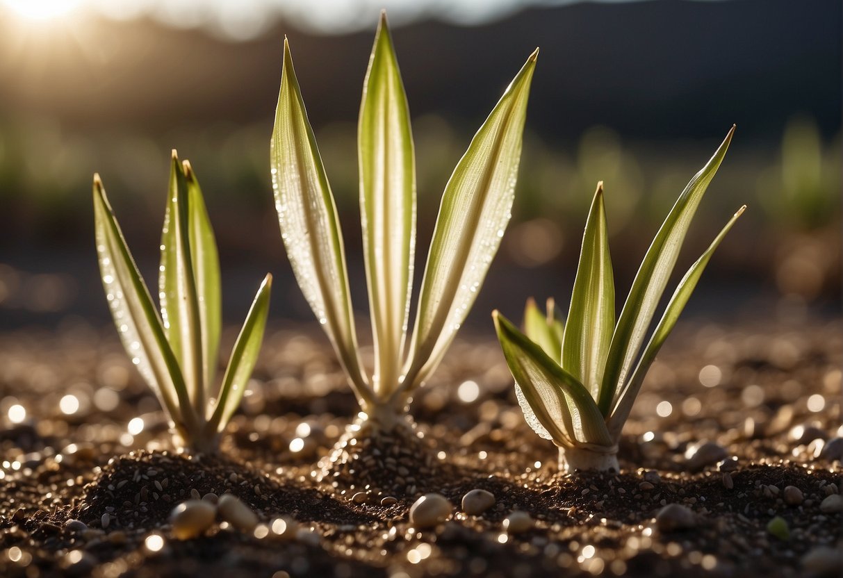 Yucca seeds resting on soil, covered with a thin layer, in a well-lit area. Water droplets glisten on the surface