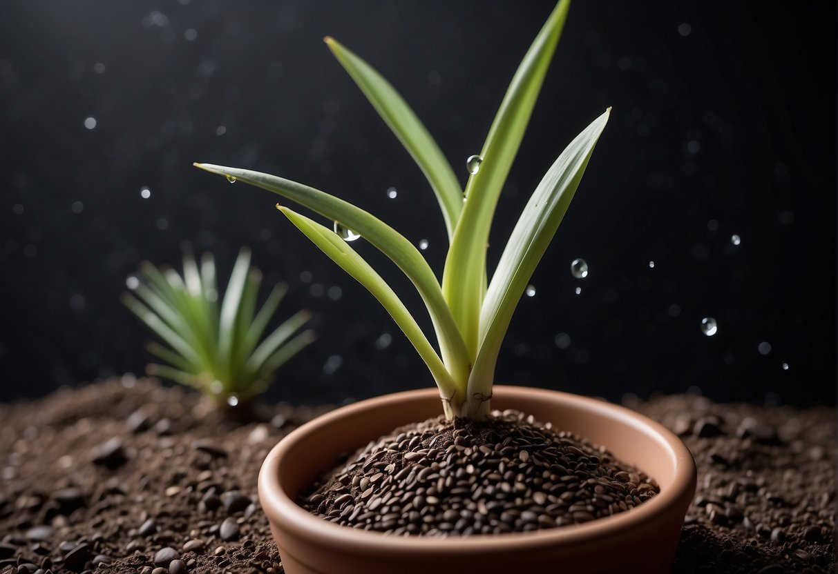 Yucca seeds in a pot with soil, water droplets, and a small sprout emerging from the soil