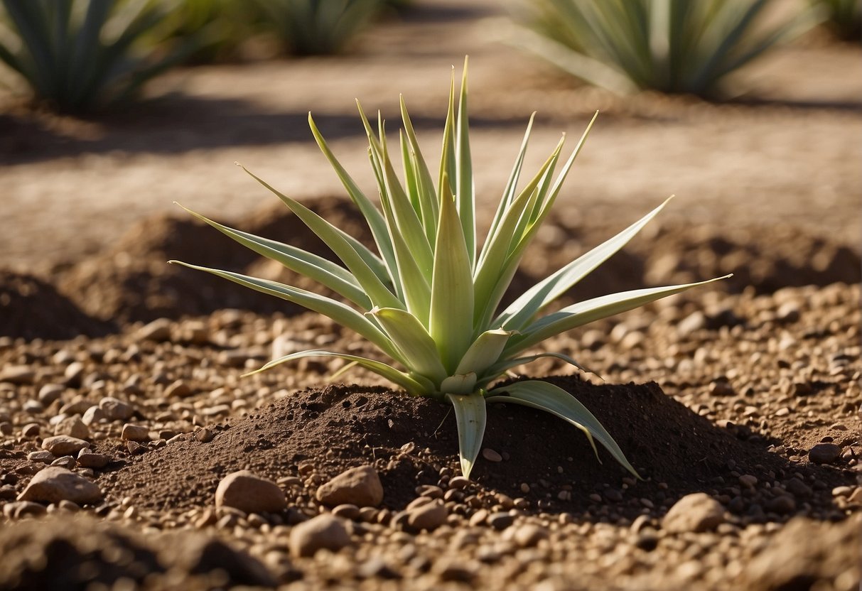 A yucca plant sits in a sunny outdoor space, surrounded by well-draining soil. A gardener waters the plant sparingly, ensuring the soil dries out between waterings. The plant receives regular sunlight and is shielded from harsh winds