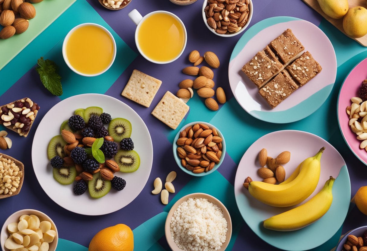 A table with a variety of healthy post-workout snacks, such as fruits, nuts, and protein bars, displayed on colorful plates