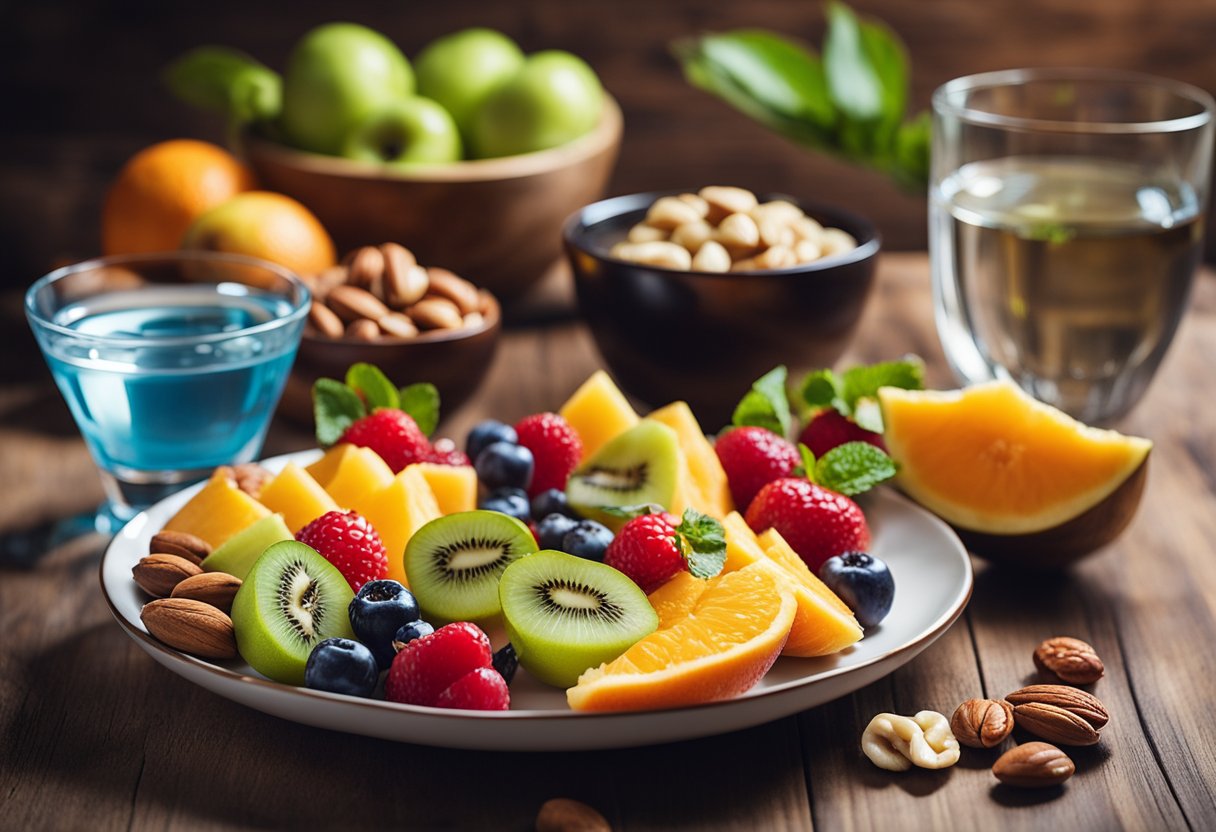 A plate of fresh fruits and nuts on a wooden table, with a glass of water, representing healthy post-workout snacks to reduce belly fat