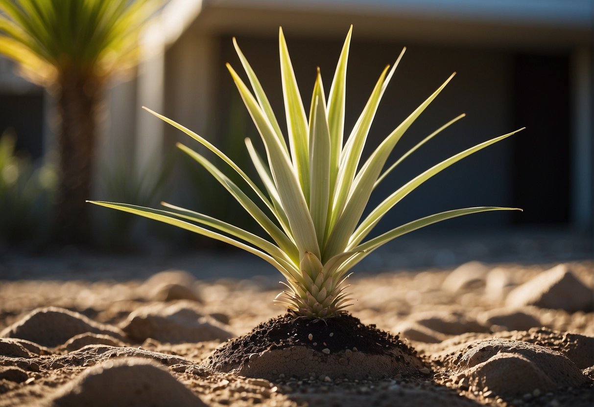 A yucca plant stands tall in a sunny outdoor space, surrounded by well-drained soil and receiving occasional watering