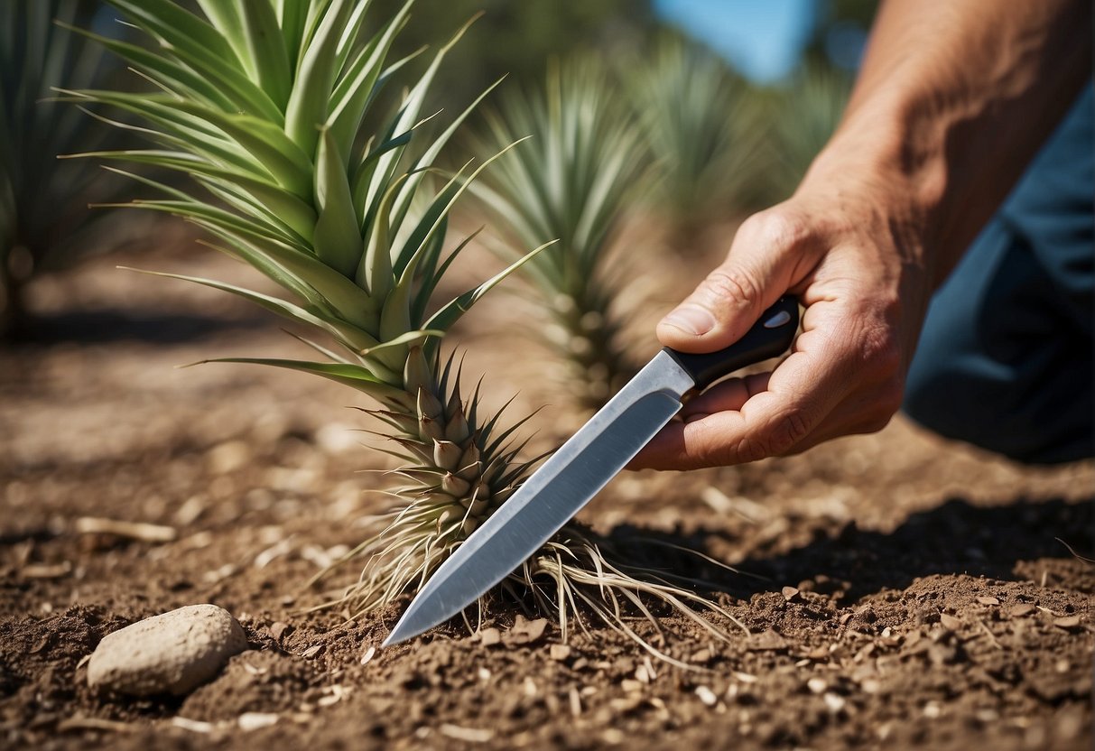 A yucca plant is being carefully divided using a sharp knife, ensuring each section has roots attached for successful propagation