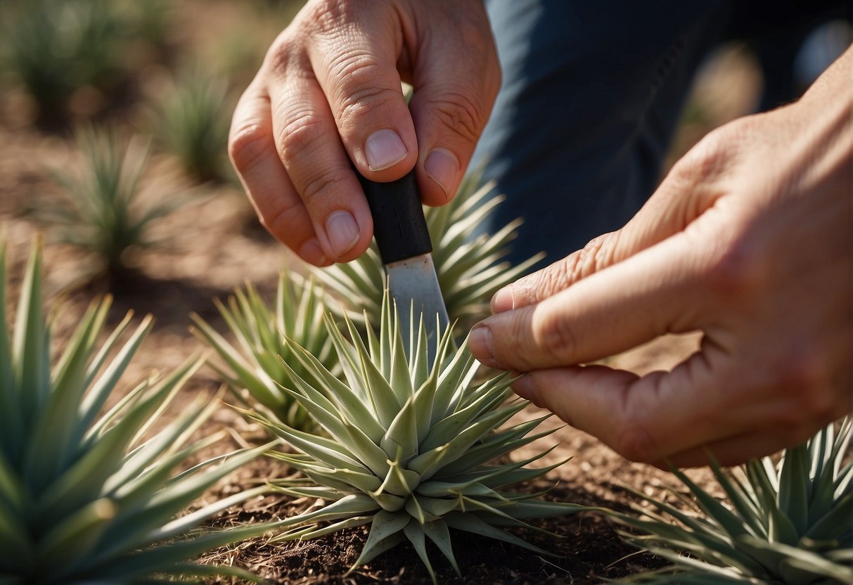 An Adams needle yucca plant being carefully divided into smaller sections using a sharp gardening tool