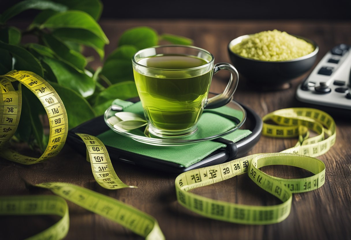 A cup of green tea surrounded by a tape measure, scale, and a pile of belly fat