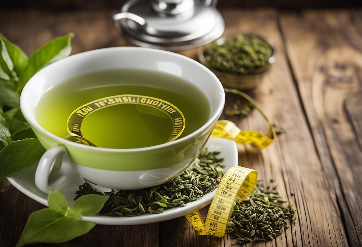 A steaming cup of green tea sits on a wooden table with a tape measure wrapped around it, symbolizing the potential for weight loss