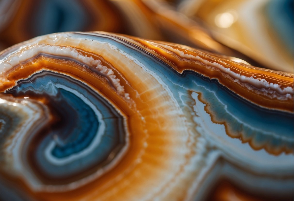 A close-up of agate's intricate banding and vibrant colors, illuminated by natural light