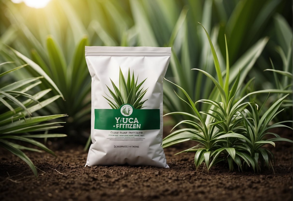 A bag of fertilizer labeled "Yucca Plant Fertilizer" next to a healthy yucca plant with vibrant green leaves and strong stems