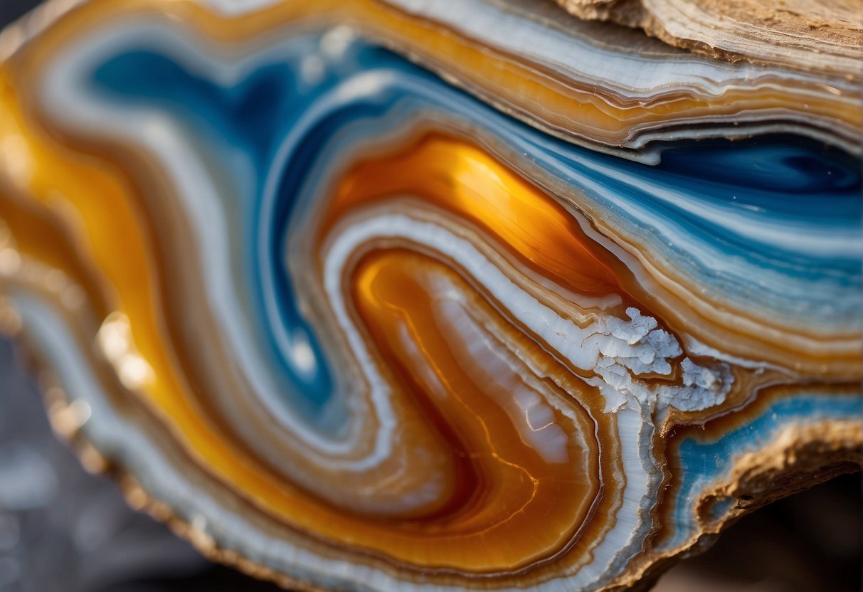 The agate stone is smooth, with swirling bands of color and a glossy finish. It reflects light, appearing translucent and vibrant