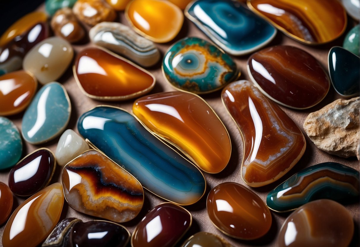 Various agate specimens arranged in a display, showcasing their unique colors and patterns