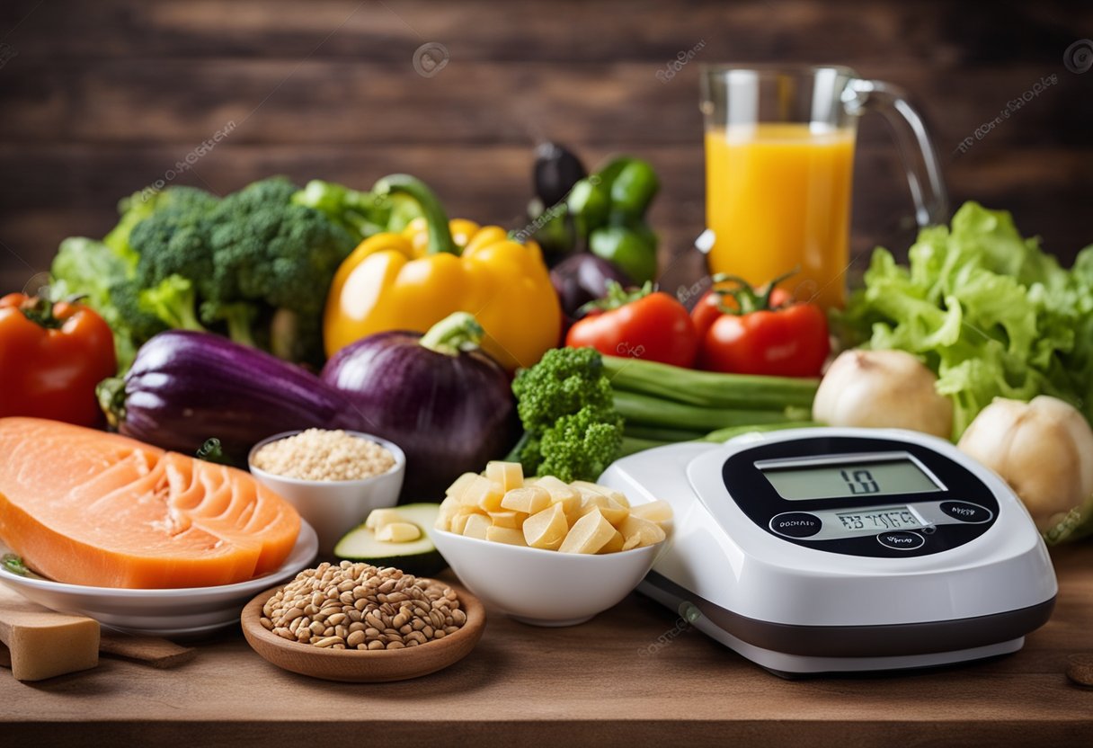 A table set with a variety of low-carb foods, including vegetables, lean protein, and healthy fats. A measuring tape and a scale are nearby, indicating a focus on belly fat reduction