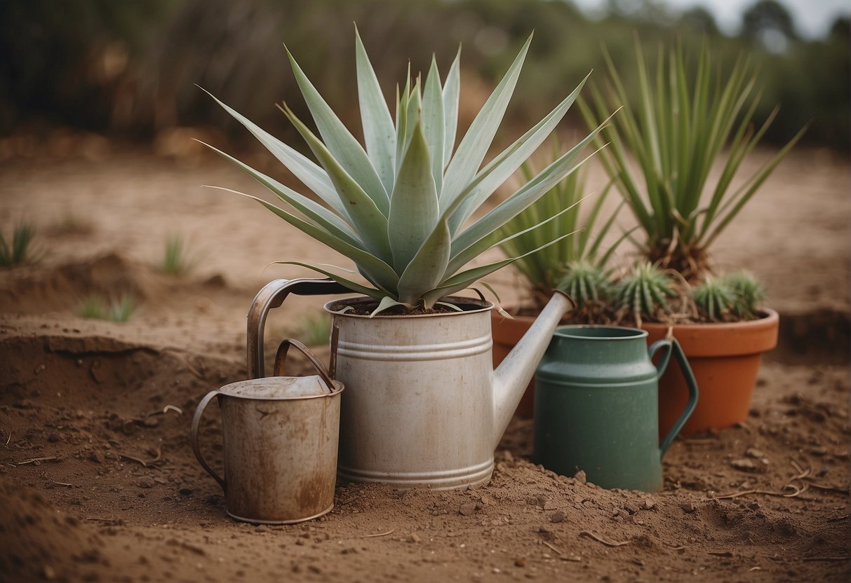 Healthy yucca plants wilt in dry soil. Empty pots sit next to a neglected watering can