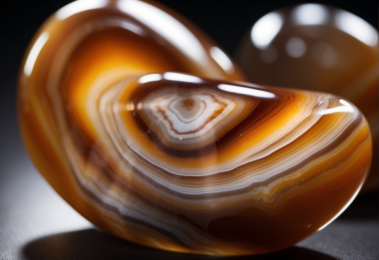 A shimmering agate stone emits a soft glow, surrounded by swirling energy and vibrant colors, evoking a sense of balance and harmony