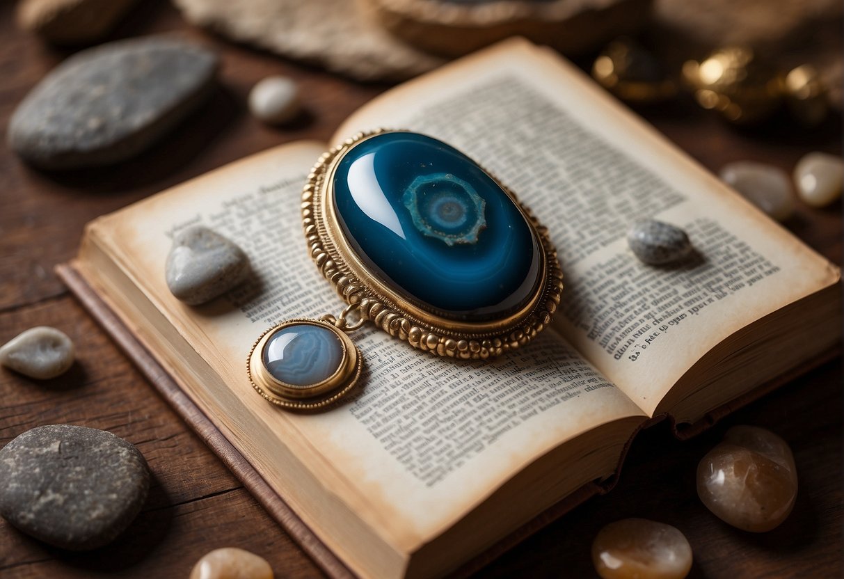 An agate stone sits atop a weathered book, surrounded by ancient artifacts and symbols, evoking cultural and historical lore