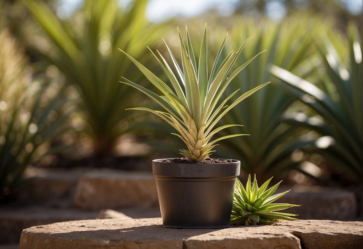 A healthy yucca plant sits in a well-drained, sunny spot. Nearby, a watering can and pruning shears suggest regular care and maintenance. No signs of disease or pest damage are present