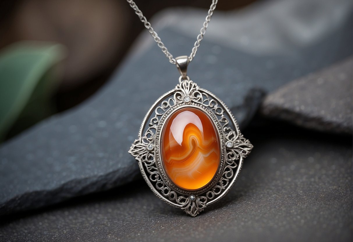 A shimmering agate gemstone set in a silver pendant, surrounded by delicate filigree and intricate patterns