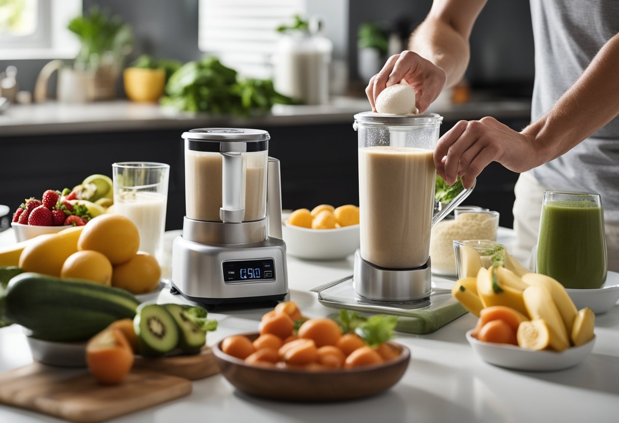 A person mixing protein powder into a smoothie while surrounded by healthy food options and a scale to represent the concept of using protein for weight loss