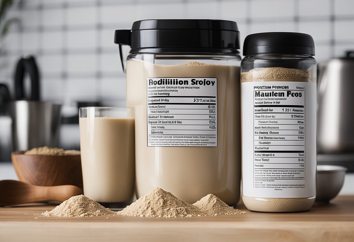 A container of protein powder sits on a kitchen counter, next to a blender and a measuring scoop. The label on the container reads "Protein Powder: An Overview."