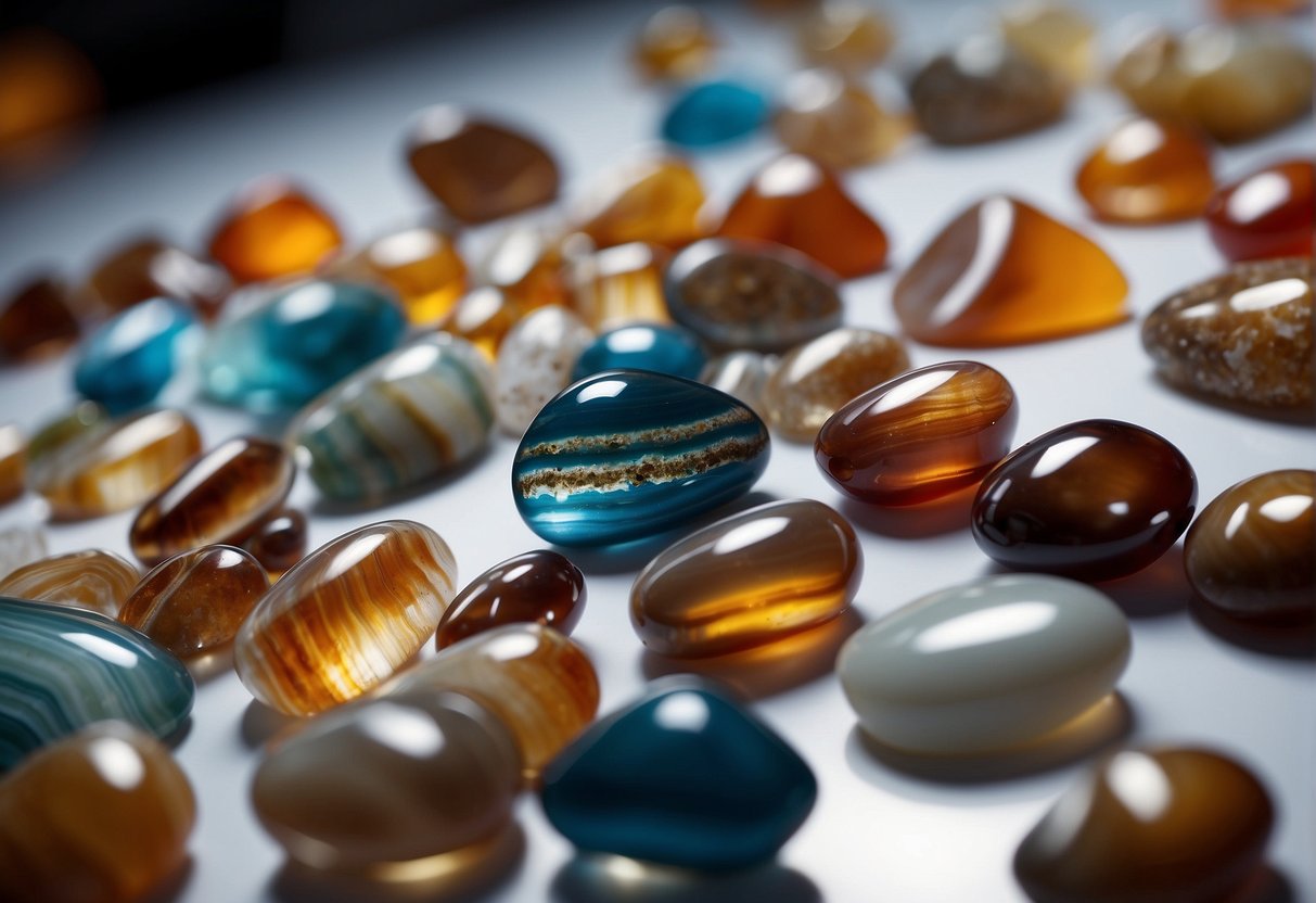 Agate samples arranged in a laboratory setting, with equipment for testing and analysis