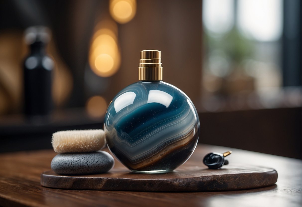 A hand holding a soft cloth gently polishing a smooth, banded agate stone, with a bottle of agate polish and a small brush nearby