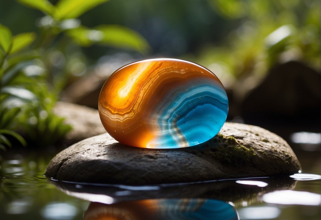 A glowing agate stone emits soothing energy, surrounded by vibrant greenery and a gentle stream, symbolizing physical healing properties