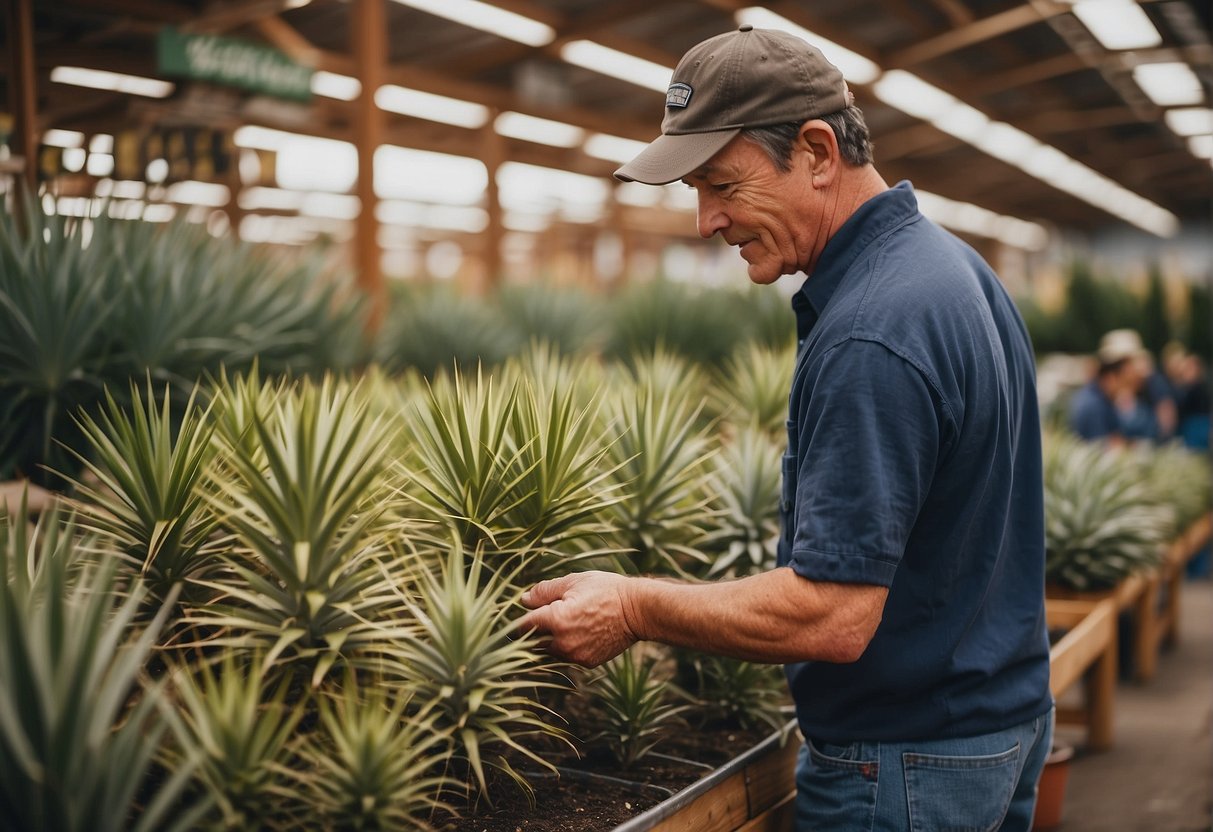 A customer carefully selects a healthy yucca plant from a variety of options at a local garden center in Colorado