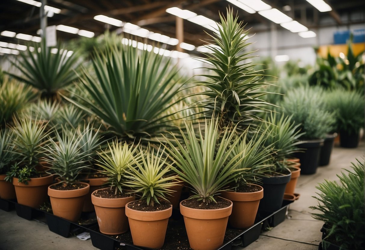 A garden center in Colorado displays various yucca plants in pots, with labels indicating prices and care instructions. The vibrant green leaves and tall, spiky stems create an inviting and natural atmosphere