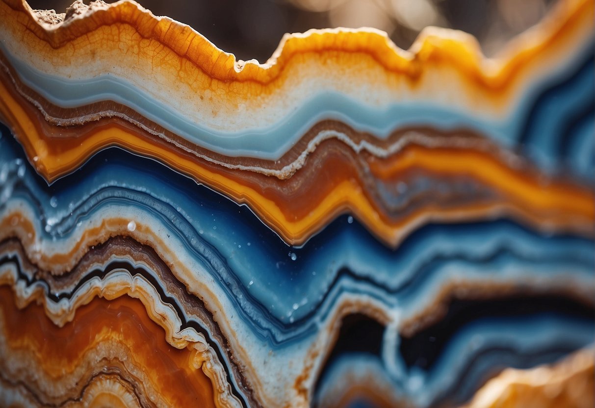 Vibrant agate formations emerge from earth's layers, revealing intricate patterns and rich colors