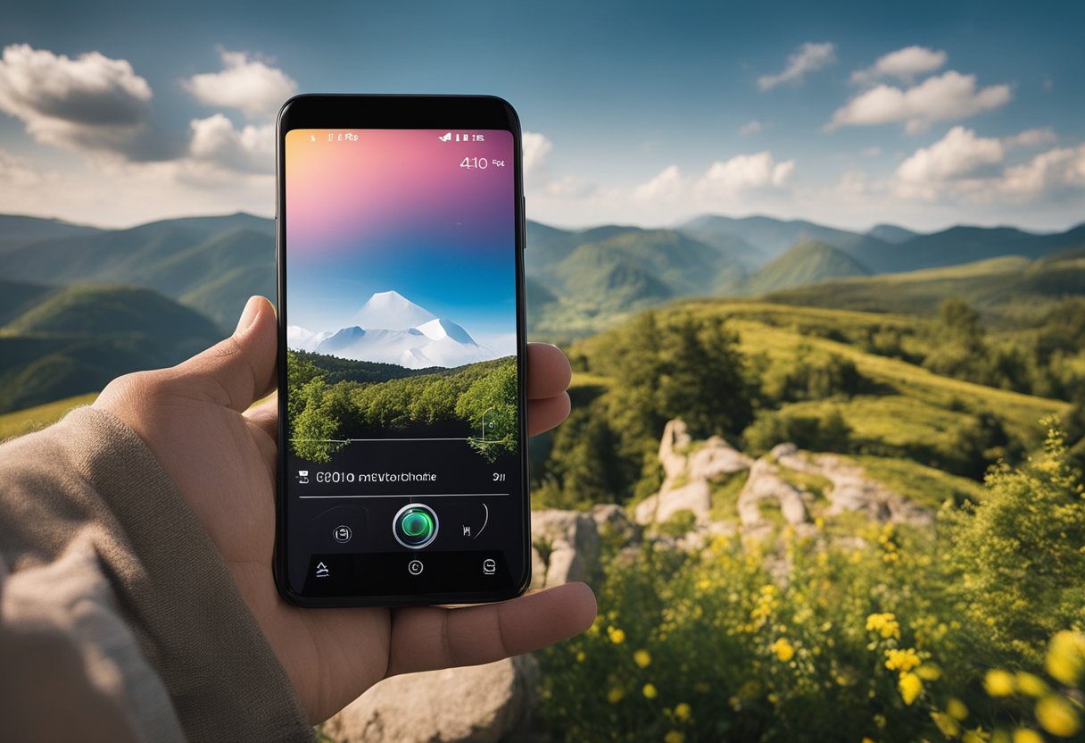 A smartphone with a walking app open, surrounded by nature and outdoor scenery