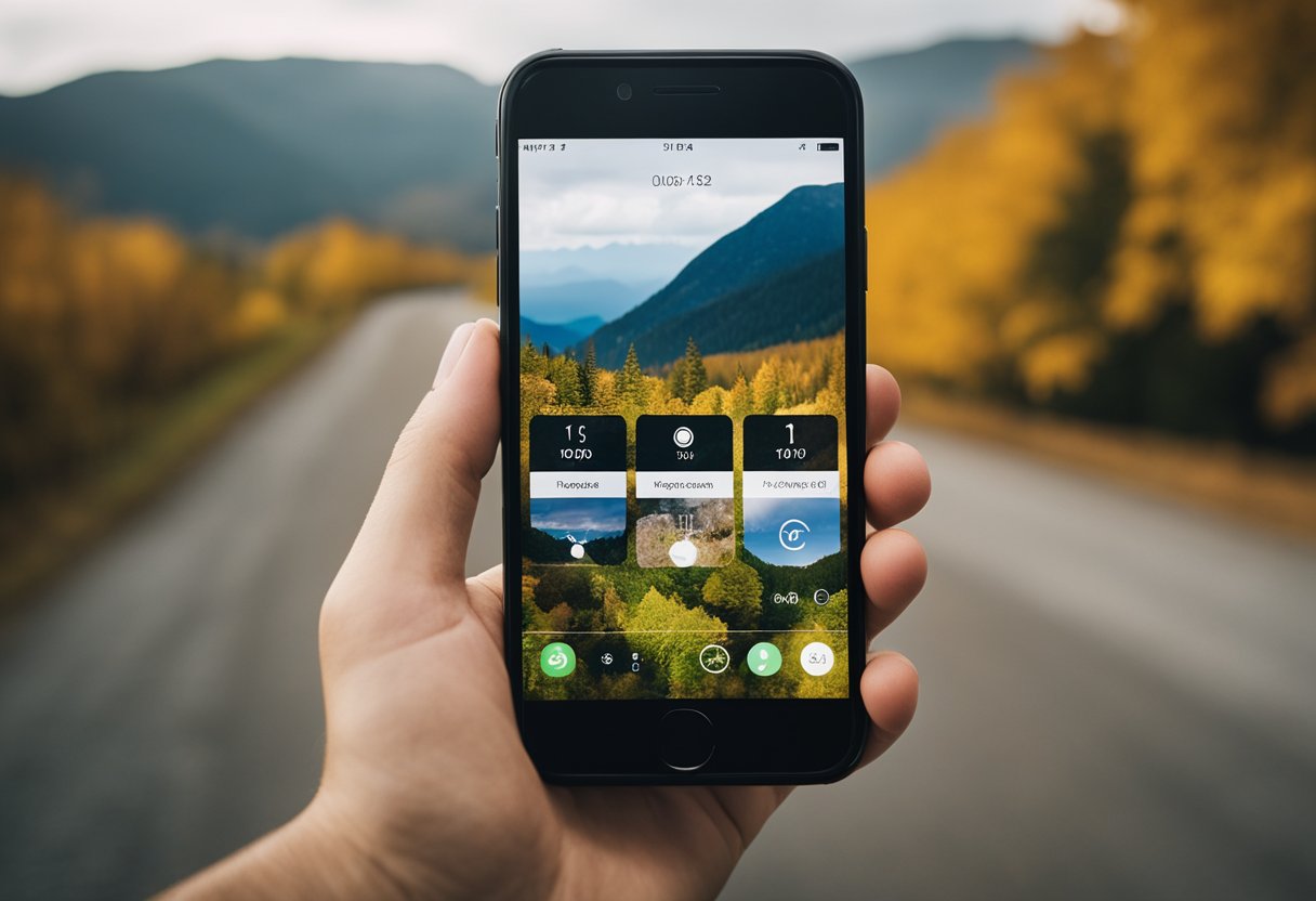 A smartphone displaying top walking apps with outdoor scenery in the background